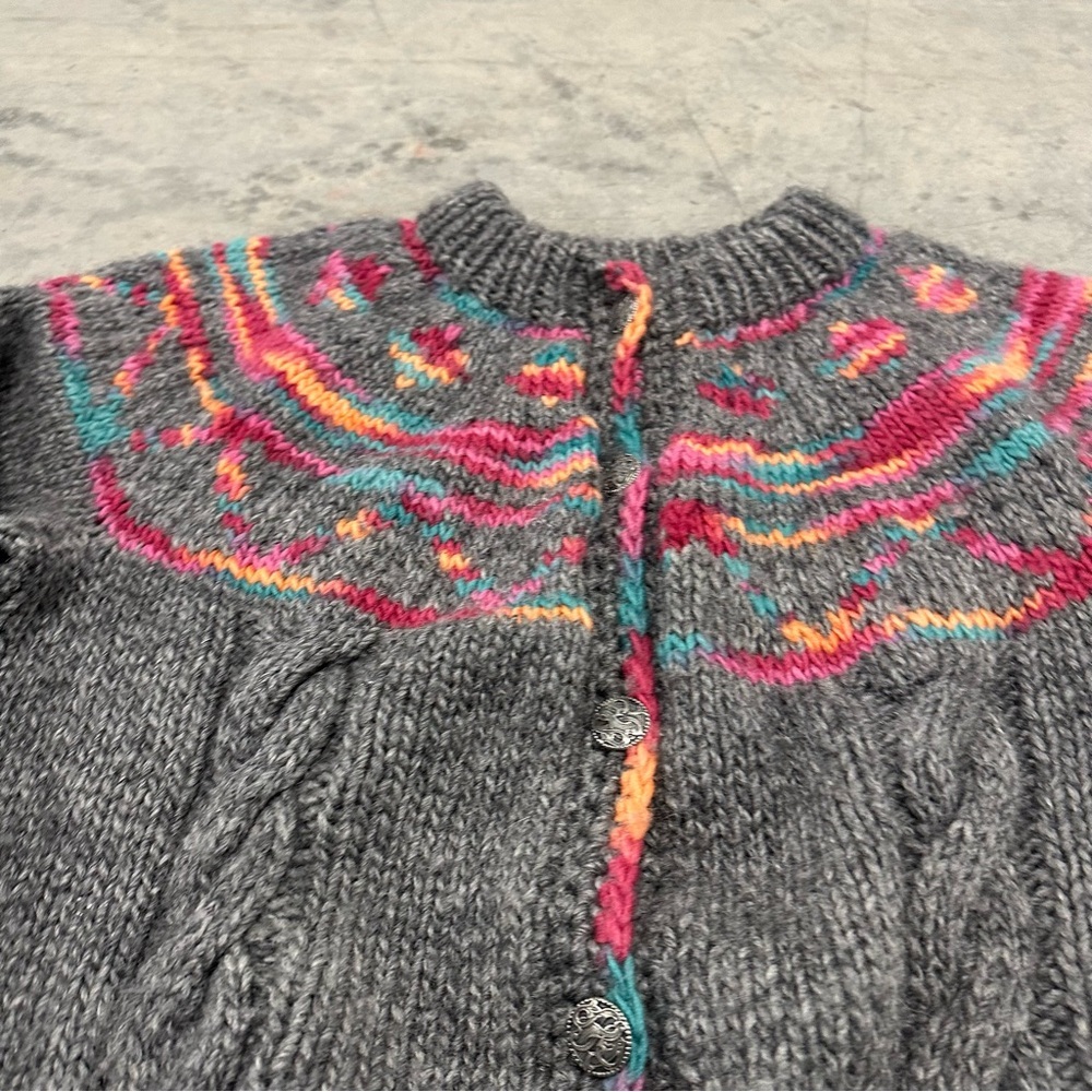 Vintage Hand Knit Icelandic Wool Sweater Sherbet Rainbow Fair Isle Cardigan - Picture 3 of 9
